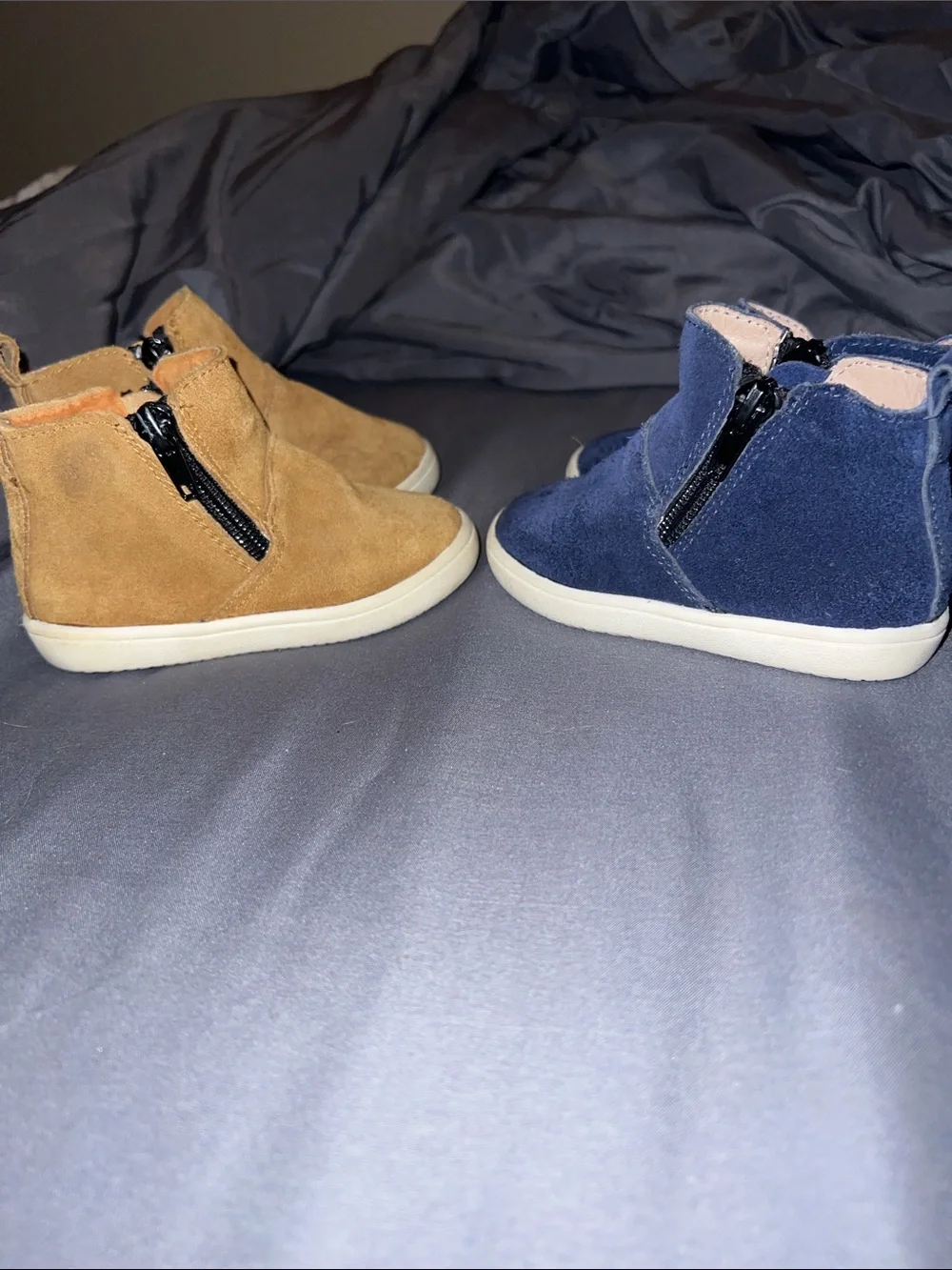 Monkey Feet Kids Suede Boots in Tan and Navy Blue